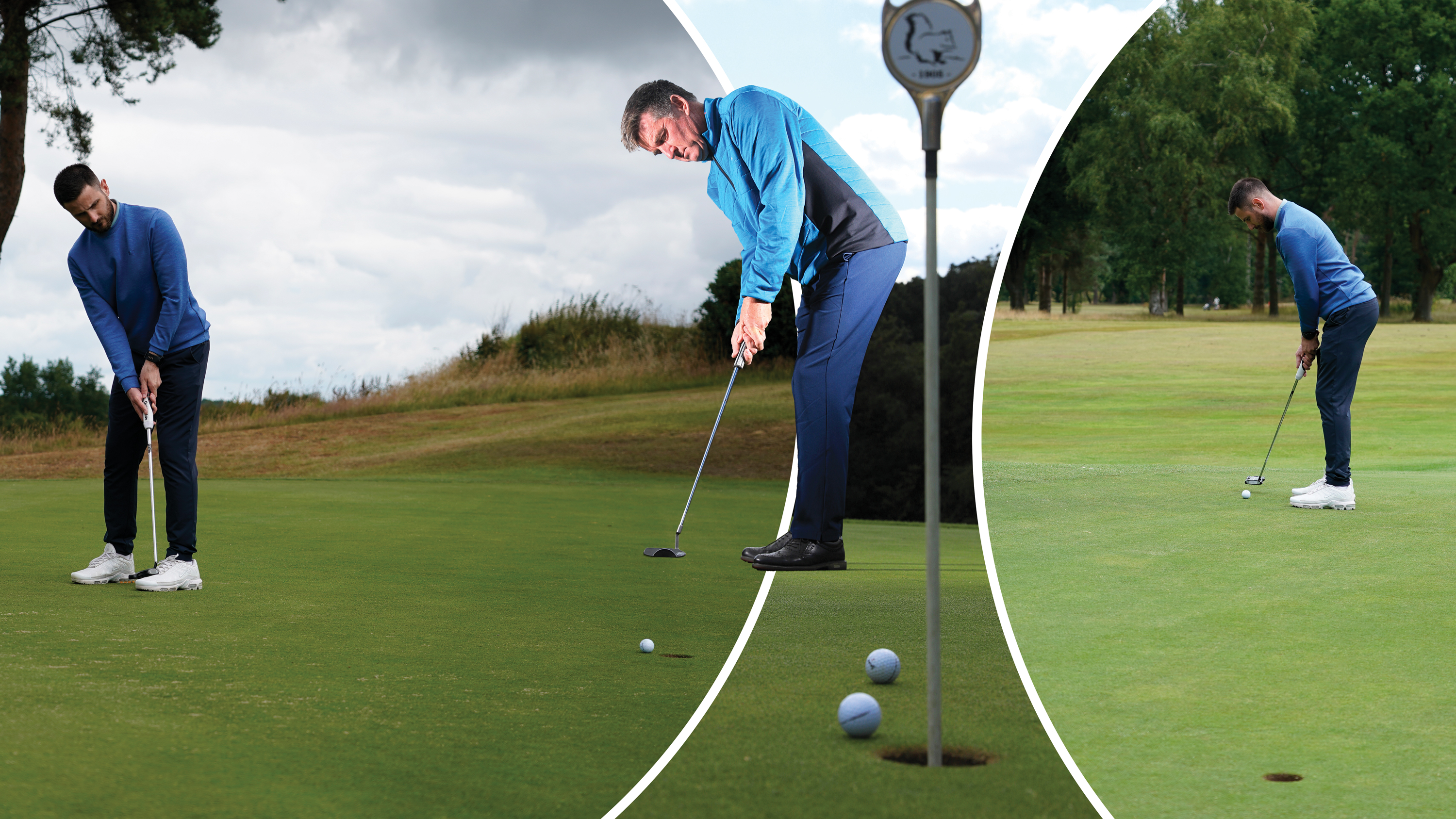 Clive Tucker demonstrating the best 10 minute pre-round preparation for amateur golfers, focused on putting, with inset images of Baz Plummer putting on the 2nd and 8th green at Sand Moor Golf Club