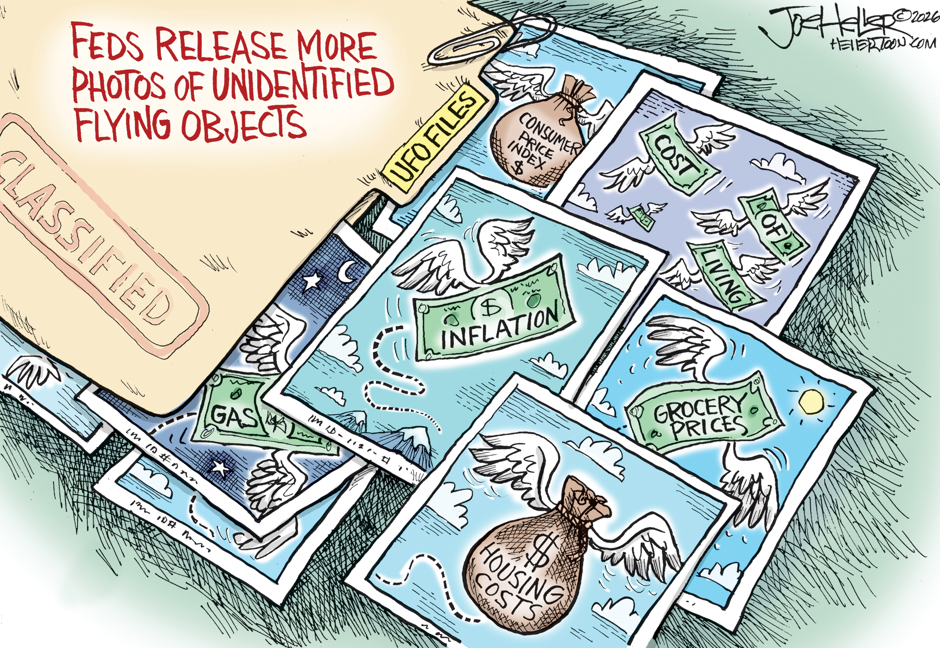 The words &amp;ldquo;Feds Release More Photos of Unidentified Flying Objects&amp;rdquo; are near a folder labeled &amp;ldquo;Classified&amp;rdquo;. There are photos scattered from the folder, and each is of a winged cost-of-living item, including inflation, consumer price index, grocery prices, and housing costs.
