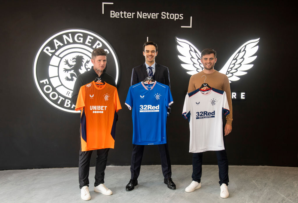 Castore co-founders Phil and Tom Beahon (left) are pictured with Rangers' Commercial and Marketing Director James Bisgrove (centre) as The Rangers Store is officially re-opened at Ibrox Stadium, on August 6, 2020, in Glasgow, Scotland.