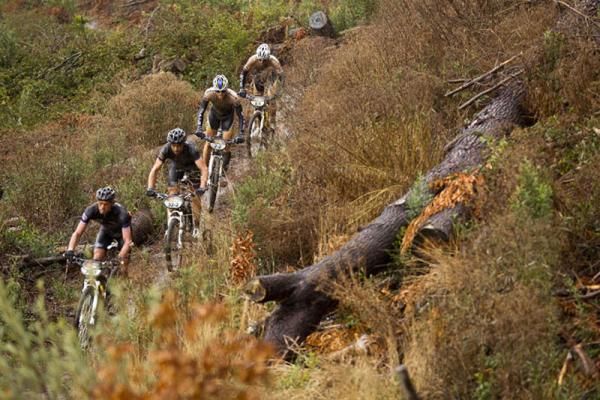 Shan Wilson, Bas Peters, Stefan Sahm and Karl Platt during stage 5 of the 2012 Absa Cape Epic Mountain Bike stage race from the Overberg Primary &amp; High School in Caledon to Oak Valley Wine Estate in the Elgin Valley, South Africa on the 30 March 2012