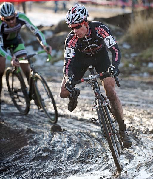 Jonathan Page (Planet Bike) slips through a turn with James Driscoll (Cannondale/cyclocrossworld.com) close behind