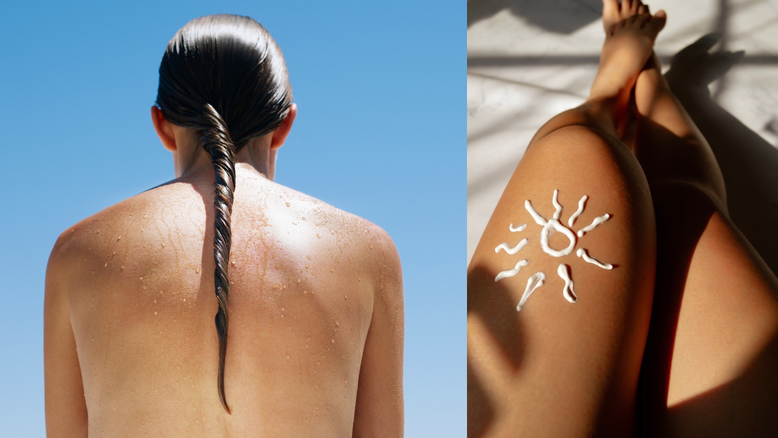 a woman's bare back in the sun next to a pair of legs with sunscreen in the shape of a sun