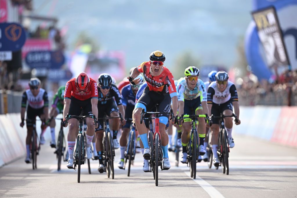 SAN SALVO ITALY MAY 07 Jonathan Milan of Italy and Team Bahrain Victorious celebrates at finish line as stage winner during the 106th Giro dItalia 2023 Stage 2 a 202km stage from Teramo to San Salvo UCIWT on May 07 2023 in San Salvo Italy Photo by Stuart FranklinGetty Images