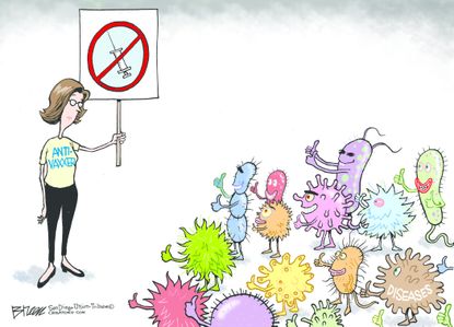 Political cartoon U.S. Vaccination anti-vaxxer disease autism debate
