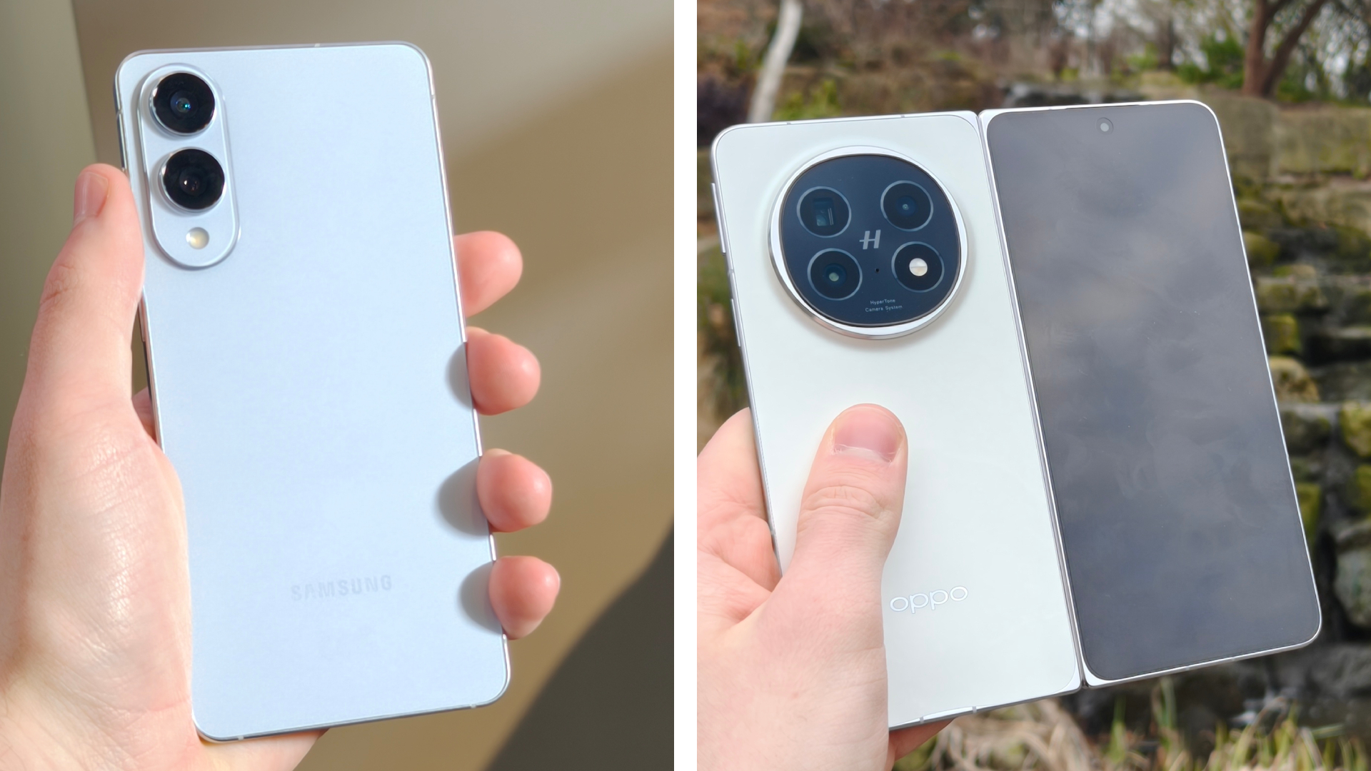 A composite image of the Samsung Galaxy S25 Edge and Oppo Find N5