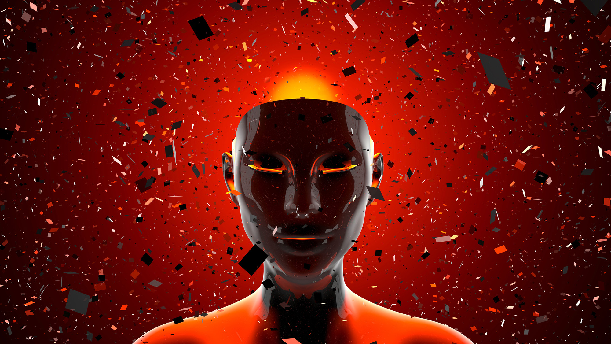 A mechanical mask is backlit with red light and confetti behind it.