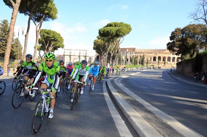 The riders roll at the start of the Roma Maxima