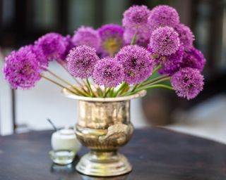 cut alliums displayed in a silver vase
