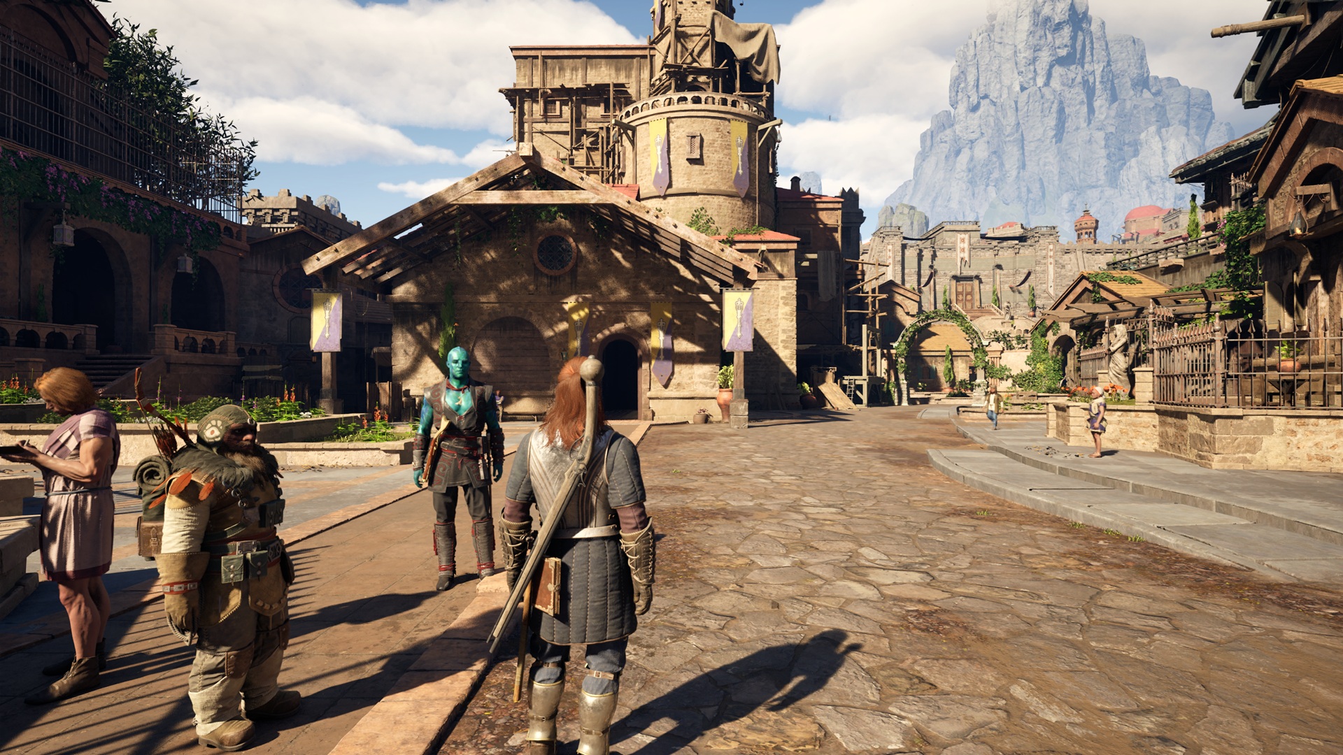 The Envoy, Marius, and Kai stand in a town in Avowed