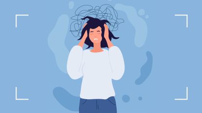 Illustration of burnout woman holding head with closed eyes on blue background, to represent caregiver burnout