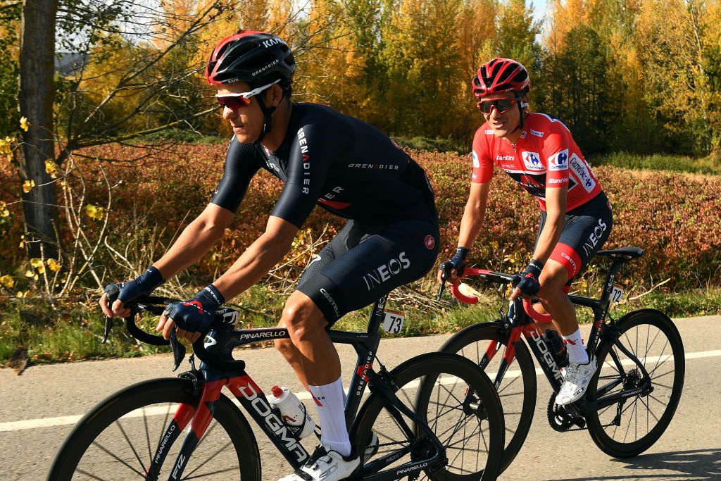 ALTODEMONCALVILLO SPAIN OCTOBER 28 Andrey Amador Bikkazakova of Costa Rica and Team INEOS Grenadiers Richard Carapaz of Ecuador and Team INEOS Grenadiers Red Leader Jersey during the 75th Tour of Spain 2020 Stage 8 a 164km stage from Logroo to Alto de Moncalvillo 1490m lavuelta LaVuelta20 on October 28 2020 in Alto de Moncalvillo Spain Photo by David RamosGetty Images
