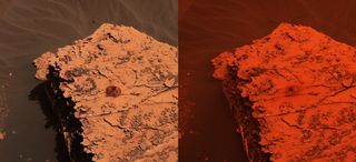 Two photos, taken by NASA's Mars rover Curiosity nearly a month apart, show the change in the light's color during the global dust storm. The left image shows the Duluth drill site on May 21, 2018, while the right image is from June 17.