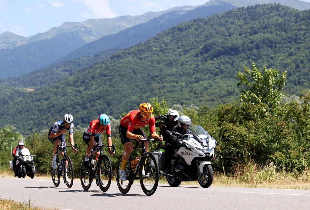 BOURGENBRESSE FRANCE JULY 20 LR Kasper Asgreen of Denmark and Team Soudal Quick Step Victor Campenaerts of Belgium and Team Lotto Dstny Jonas Abrahamsen of Norway and UnoX Pro Cycling Team compete in the breakaway during the stage eighteen of the 110th Tour de France 2023 a 1849km stage from Motiers to BourgenBresse UCIWT on July 20 2023 in BourgenBresse France Photo by Michael SteeleGetty Images