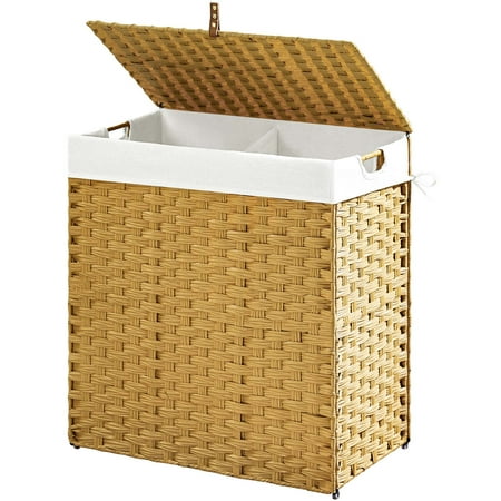 Greenstell 110l Laundry Hamper Wicker Laundry Basket With Lid, Handles Clothes Hamper Foldable With 2 Removable Liner Bags, Natural