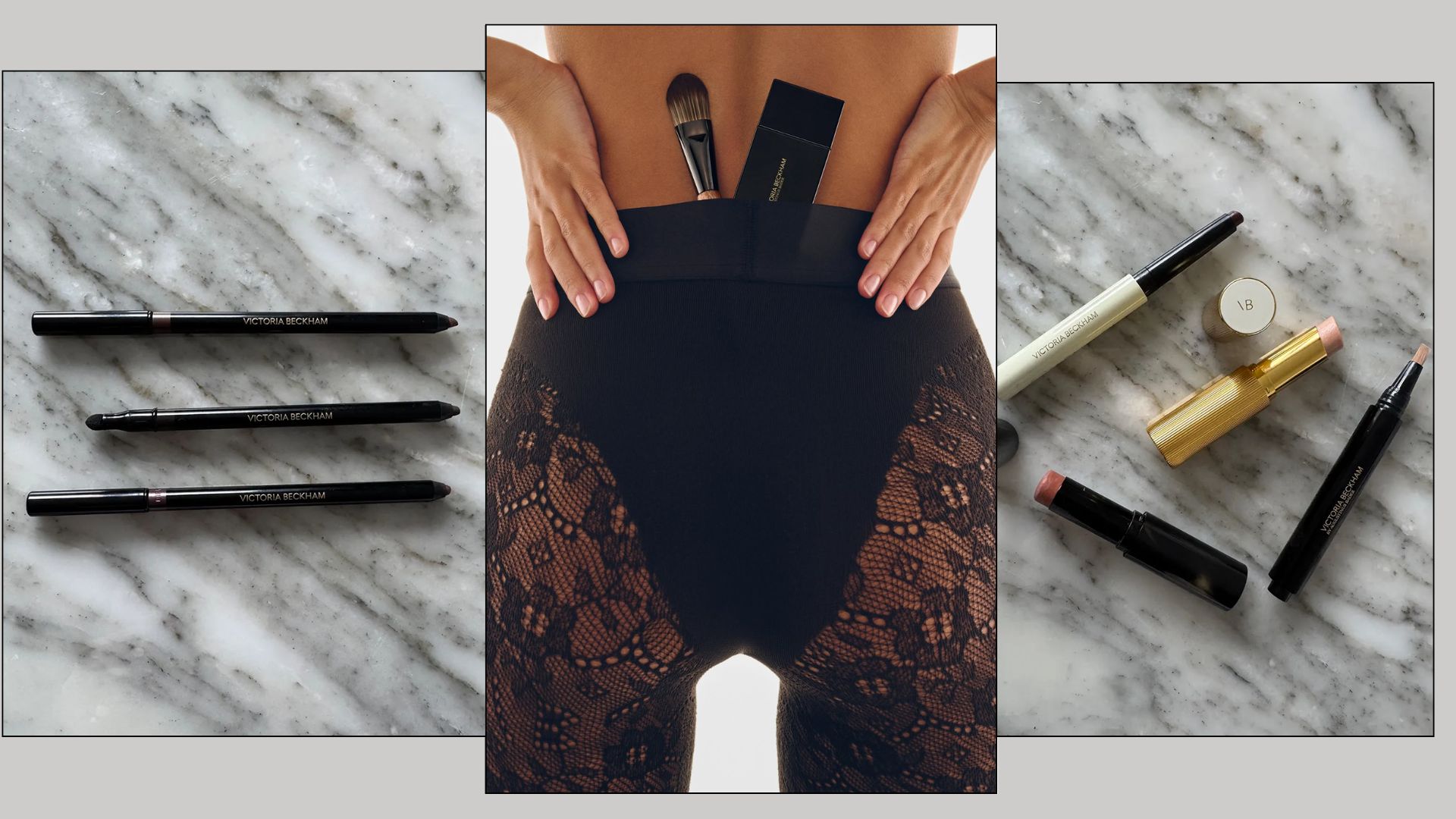 A collage with photos of Victoria Beckham Beauty makeup and a photo of Victoria Beckham having her eye makeup applied with a brush