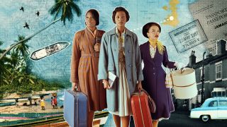 Yazmin Belo as Hosanna, Rochelle Neil as Leah and Saffron Coomber as Chantrelle in 1950s costumes holding suitcases stand against a stylised backdrop of travel labels and passport stamps with the Caribbean beach on one side and a British street on the other in Three Little Birds.