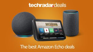 Amazon echo deals sales composite image featuring two amazon speakers and an amazon echo show