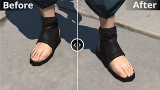 A comparison shot of the character model's feet in Final Fantasy 14. On the left is a before of a low-poly low-res foot, while on the right is a slightly improved foot with better textures.