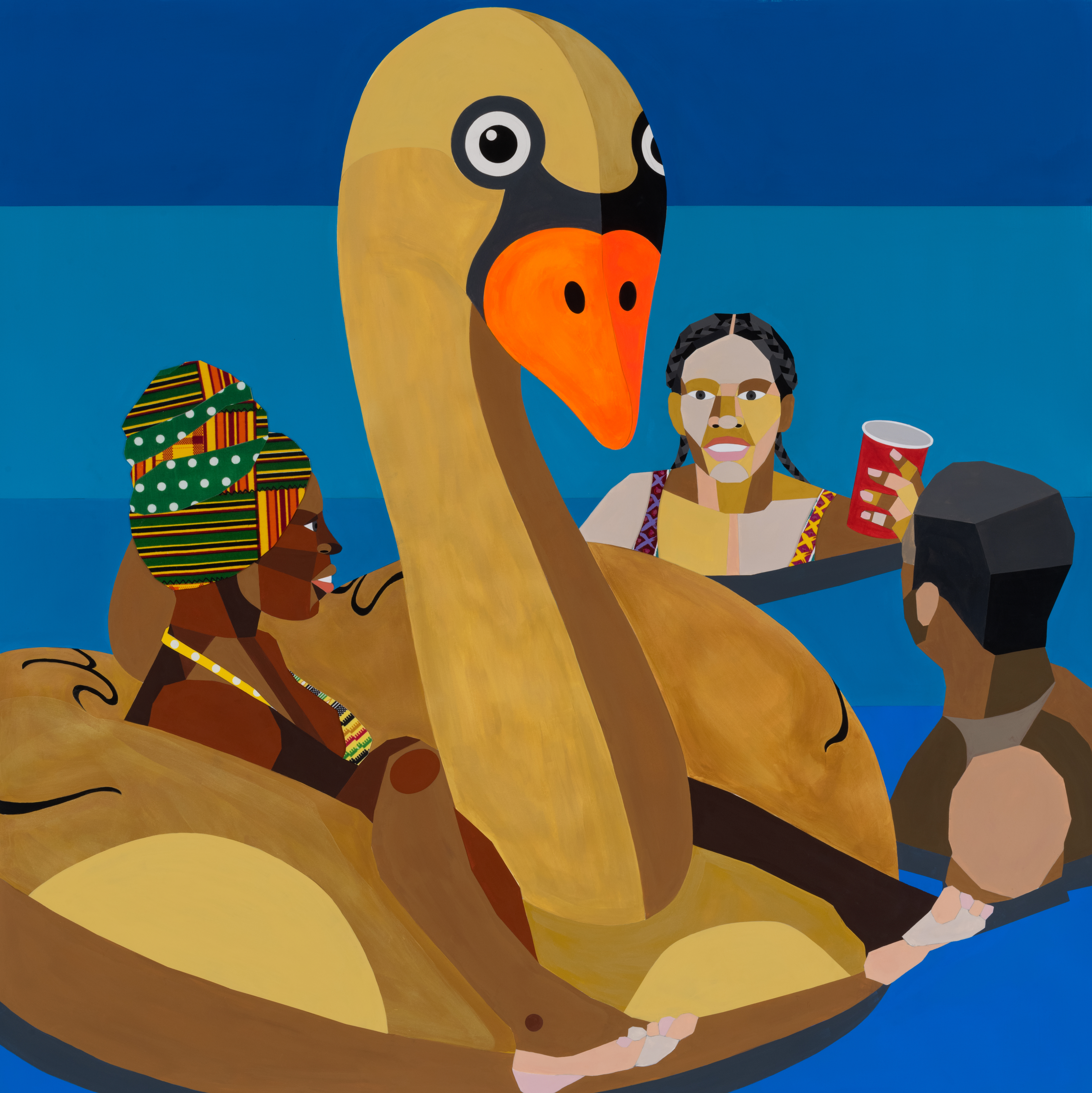 Painting by Derrick Adams of three black people in a swimming pool surrounding a gold swan floatie