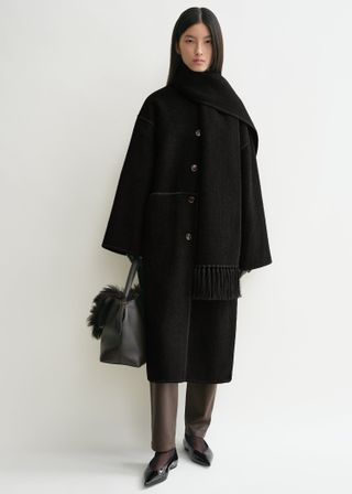 Embroidered Scarf Coat Black