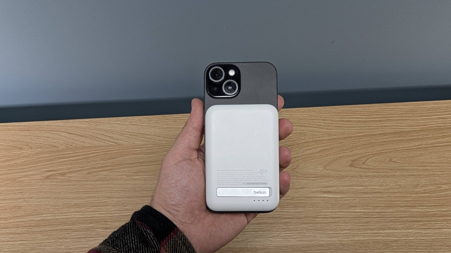 Belkin Boostcharge Magsafe power bank on iPhone 15
