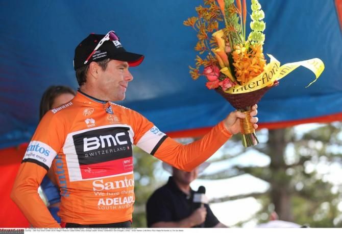 Cadel Evans (BMC) in the overall leader's jersey at the 2014 Tour Down Under