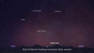 A NASA graphic showing the positions of Mercury, Jupiter and several bright stars from March 21 - 25.
