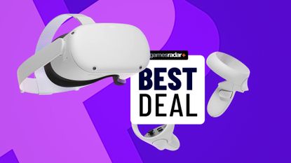 Meta Quest 2 on a purple background with a best deal stamp on top of it