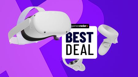 Meta Quest 2 on a purple background with a best deal stamp on top of it