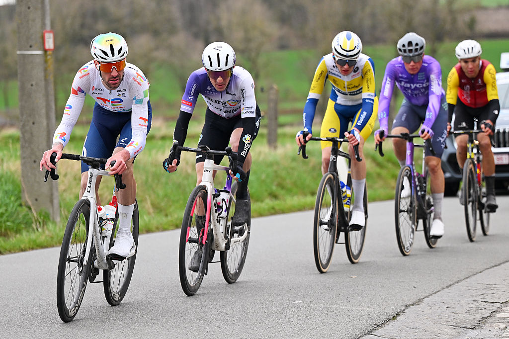 NIVONE, BELGIUM - FEBRUARY 28: (L-R) Alexys Brunel of France and Team TotalEnergies and Clement Alleno of France and Team Burgos Burpellet BH lead the breakaway during the 21st Omloop Het Nieuwsblad 2026, Men&amp;amp;apos;s Elite a 207.2km one day race from Ghent to Ninove / #UCIWT / on February 28, 2026 in Ninove, Belgium. (Photo by Tim de Waele/Getty Images)