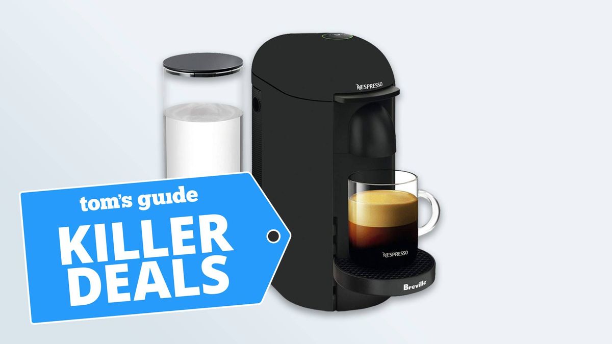 A photo of the Nespresso VertuoPlus coffee maker on a grey background, with the &quot;Tom&#039;s Guide Killer Deals&quot; tag overlaid