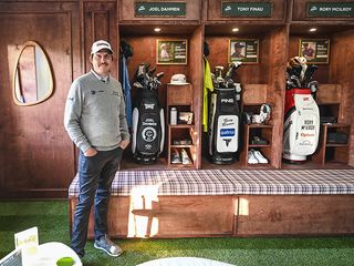 PGA Tour player Joel Dahmen in front of his locker