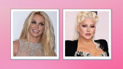 Britney Spears and Christina Aguilera side by side in a pink template