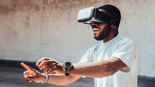 A man uses the UI of a VR device