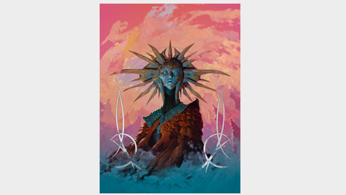 A robed and masked figure stands against a pink background from interior art in Planescape: Adventures in the Multiverse