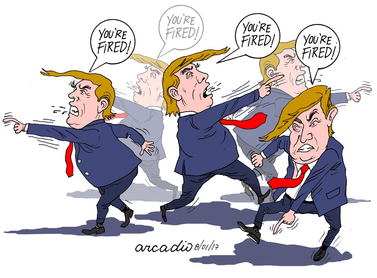 Political cartoon U.S. Trump White House chaos Apprentice you're fired ...