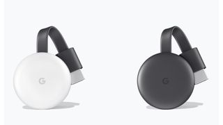 The Google Chromecast (3rd Generation) in chalk (white) and charcoal (black) against a plain white background.