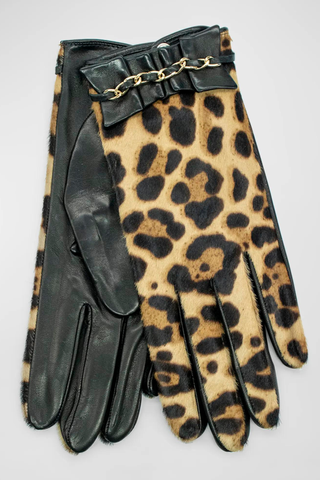 Portolano black and leopard print leather gloves