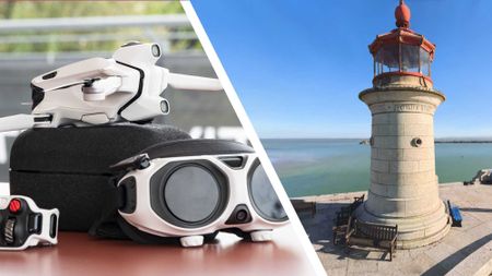 The Antigravity A1 drone with goggle and motion controller (left), a 3D gaussian splatting rendering of a lighthouse
