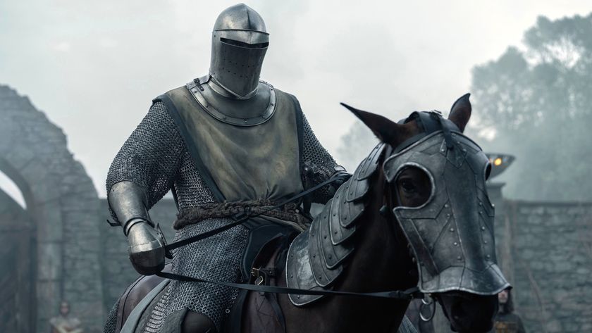 Dunk (Peter Claffey) wearing his suit of armor, visor down, on horseback in a scene from "A Knight of the Seven Kingdoms" episode 5.