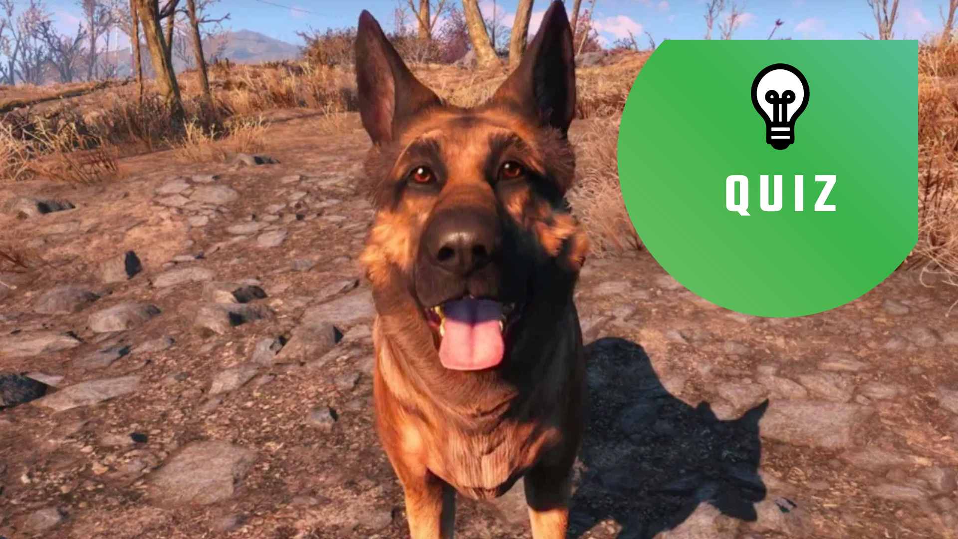 Dogmeat from Fallout 4 with the PC Gamer quiz logo in the top right.