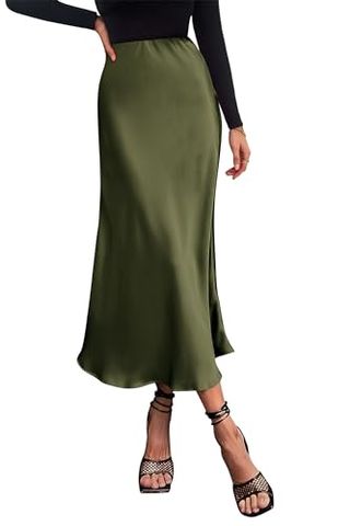 Prettygarden Women's Summer Midi Satin Skirt Dressy Casual High Waisted a Line Flowy Ruffle Elegant Party Skirts (light Army Green,large)