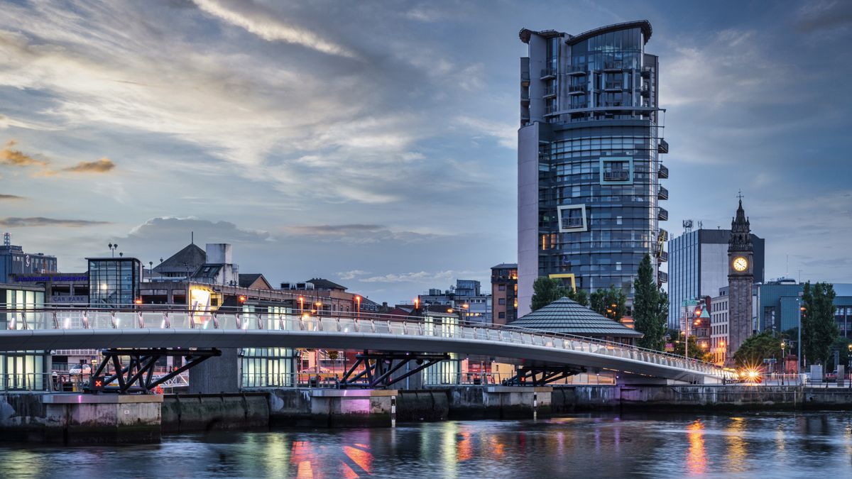 Belfast Lagan Weir Pedestrian and Cycle Bridge Northern Ireland at dusk