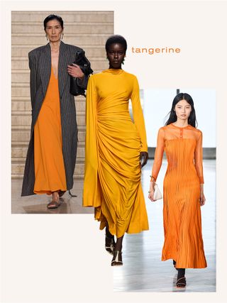 A collage with the word "tangerine" printed on it and three S/S 25 runway images from Tove, Bottega Veneta, and Jonathan Simkhai.