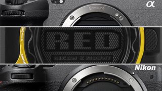 Triptych showing close up of RED Komodo X, Nikon Z30 and Sony FX3 