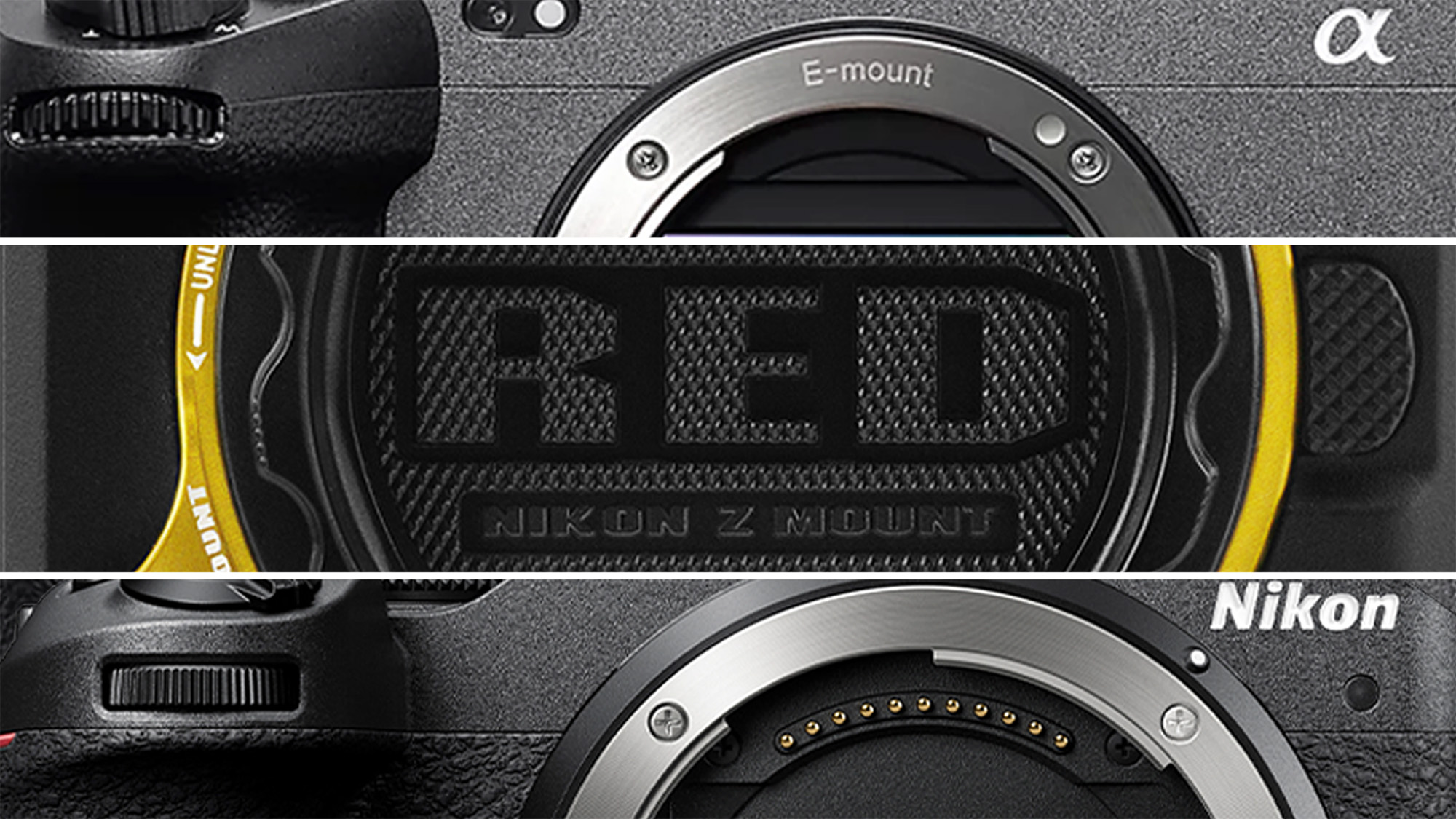 Triptych showing close up of RED Komodo X, Nikon Z30 and Sony FX3