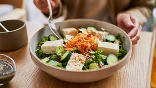 Bowl of salad with green leaves and tofu