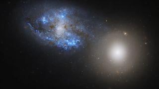 a sparkly blue galaxy is seen in the top left while a hazy, glowing, yellow-ish white one is in the borrom right
