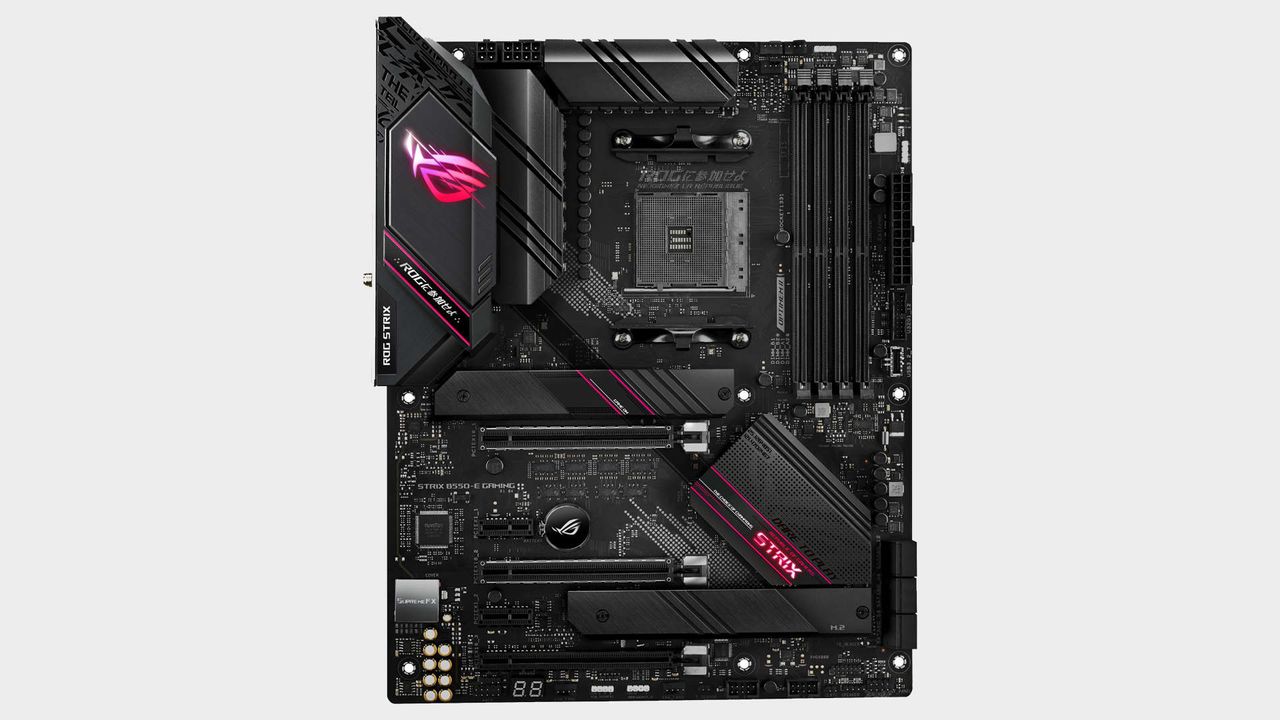 A top-down view of the Asus ROG Strix B550-E Gaming motherboard.
