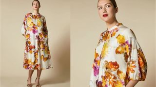 model wearing shirt dress with floral print